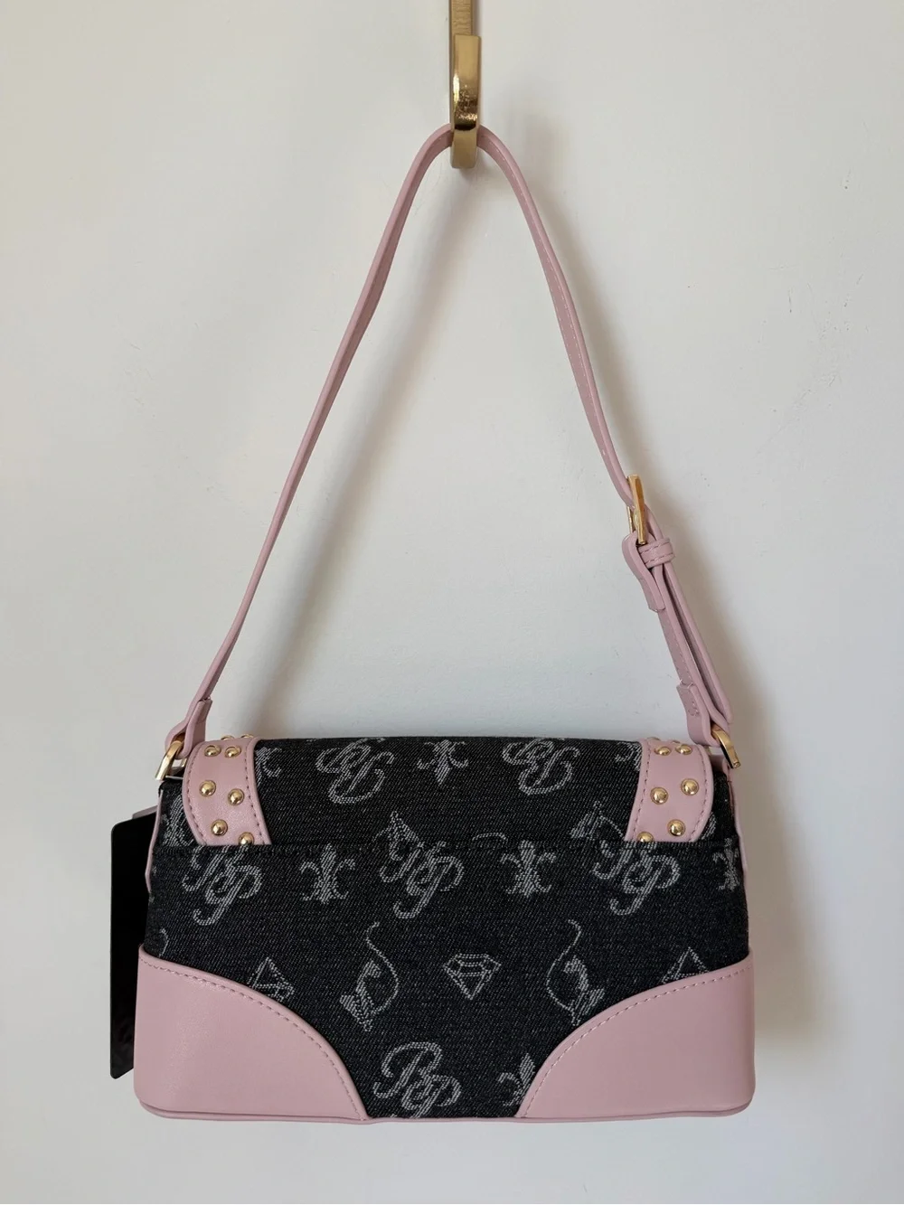 Baby Phat Pink and Black denim monogram Studded Shoulder Bag